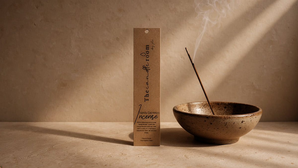 Incense stick burning in a ceramic bowl beside its packaging