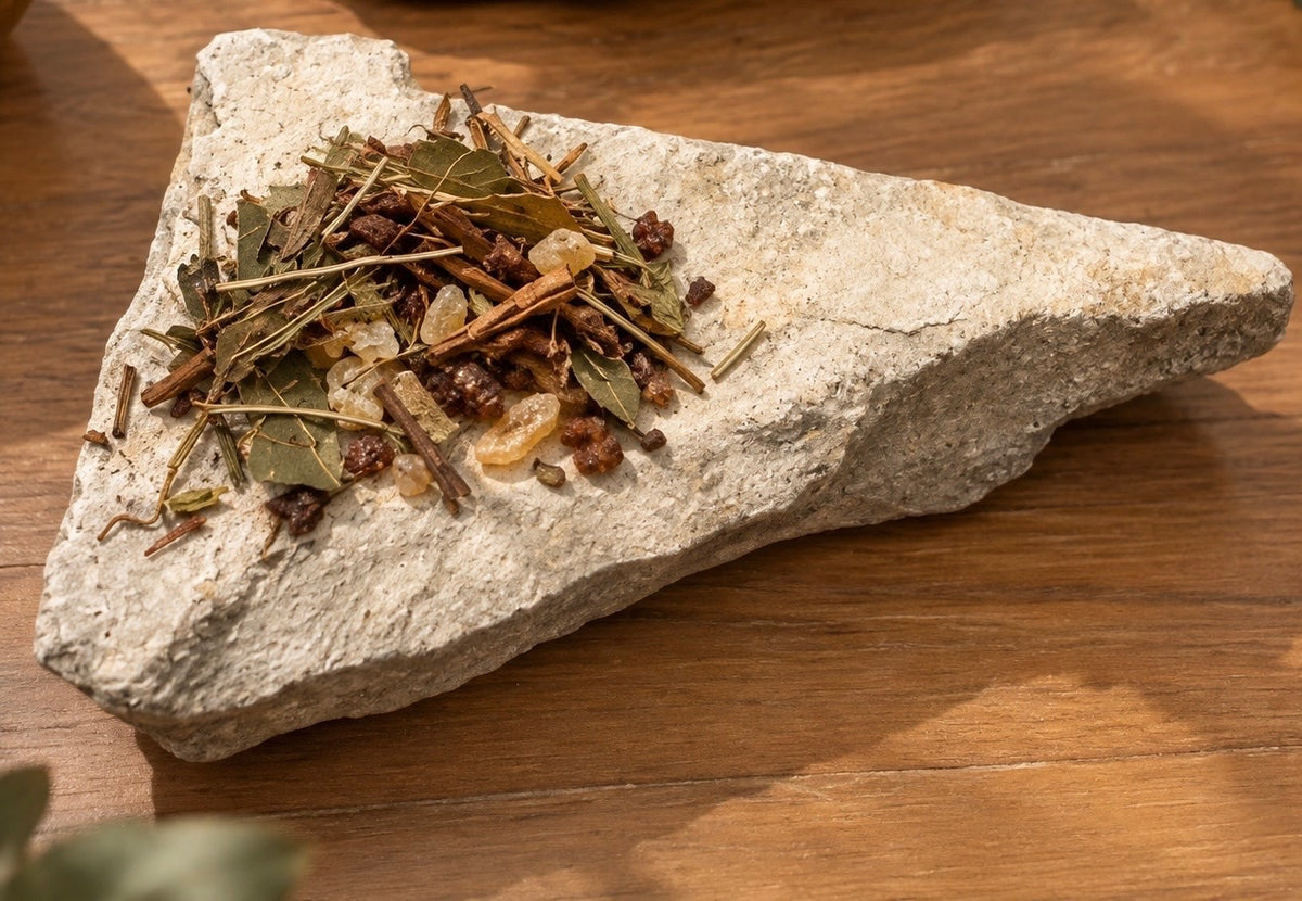 The Offering incense blend: bay leaf, rosemary, vetiver root, cinnamon, frankincense, and myrrh
