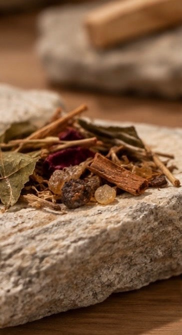 The Offering incense blend, close up on stone